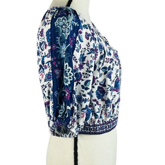 Joie Medium Crop Top Boho Floral Balloon Sleeves Keyhole Neck Elastic Waist Blue - Picture 4 of 8